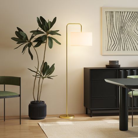 Moderne Stehlampe mit Lampenschirm aus synthetischem Leinen, Leselampe fürs Wohnzimmer, 64 x 38 x 163,5 cm, Weiß und Gold