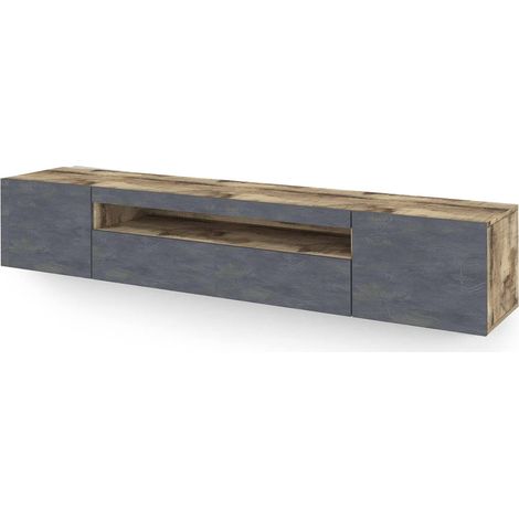 Dmora Meuble TV de salon, Made in Italy, Meuble TV avec 3 portes et étagères, cm 200x40h37, couleur érable et ardoise, avec lumière LED bleue, avec emballage renforcé (1/4)