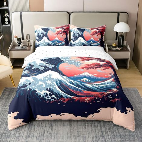 Parure de lit en coton avec housse de couette 220 x 240 cm, motif vagues japonaises, arbres, paysage naturel, rouge, pour enfants, filles et garçons (1/5)