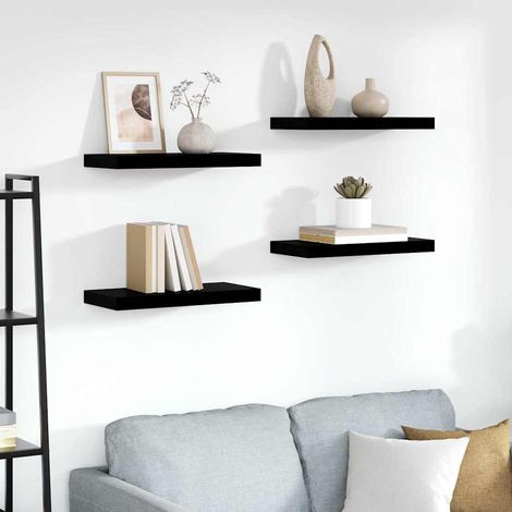 Lot de 4 Étagère murale flottante Étagère de Rangement - Meuble de rangement Noir brillant 50x23x3,8 cm MDF BV202631 - BonneVie (1/5)
