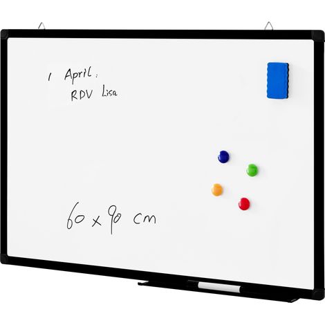 Tableau blanc Mémo magnétique, cadre en aluminium, avec 1 Marqueur et Porte-Marqueur, pour Ecole, Cuisine, Bureau - 60 x 90 cm, bordure noire (1/5)