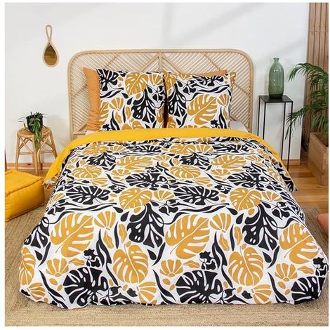 Parure de lit - CÔTÉ DÉCO - Motif Tropical Noir et Jaune - 220x240 cm - 100% coton - Recto feuillage/verso jaune
