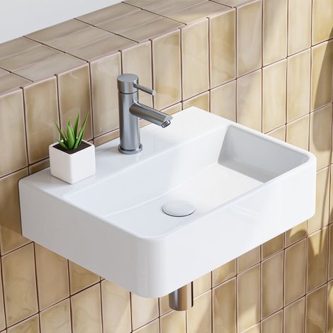 HOROW 38.5x26 CM Waschbecken Aufsatzwaschbecken mit Hahnloch ohne Überlauf Klein WaschschaleKeramik Weiß Rechteckig Handwaschbecken