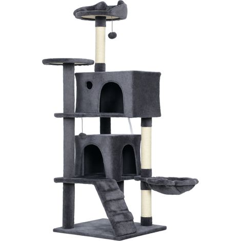 Albero Tiragraffi per Gatti Alto 140 cm con 2 Casette Lettino e Amaca per 2-3 Gatti in Peluche Grigio