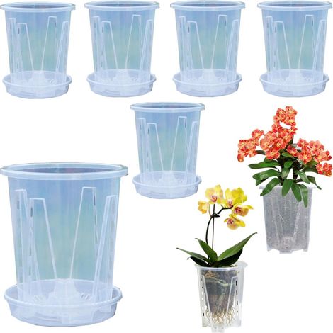 Set de 6 pots de fleurs – Pots de plantes – Pots à orchidées spéciaux – Pots hydroculture – Avec trous de drainage – Incluant soucoupes – Pour les jacinthes des bois, orchidées, plantes grasses, roses (1/5)