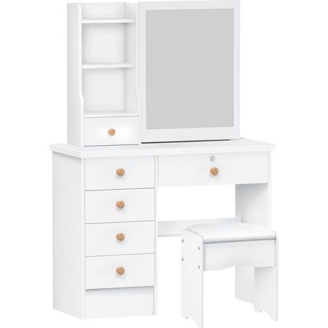 FLASIDU Coiffeuse avec chaise, miroir coulissant, 6 tiroirs et 5 étagères, blanc, 80cmx36cmx122cm. (1/5)