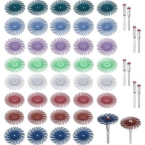 APEX Assortiment de 50 disques abrasifs radiaux à poils de 25 mm(1 pouce) pour le polissage de précision,avec mandrins de 2,35 mm et 3 mm (1/5)