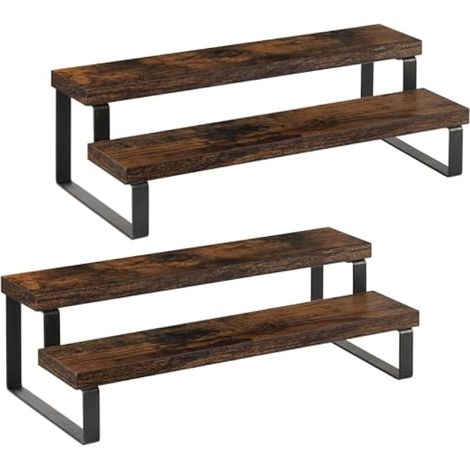 Lot de 2 présentoirs en bois à 2 niveaux pour comptoir de cuisine, étagère à épices, étagère de présentation pour parfum, maquillage, figurine, collection de poupées, condiments (1/5)