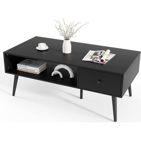 COSTWAY Table Basse avec Rangement, Table de Salon avec 1 Tiroir, Compartiment Large, 4 Pieds en Métal pour Salon (Noir) (1/5)