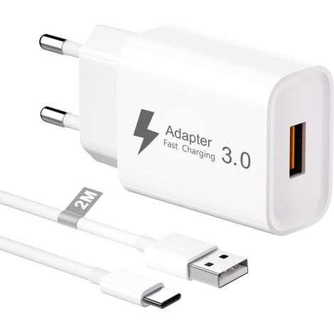 Chargeur USB Rapide 18W avec Câble USB C 2M, Quick Charge 3.0 Adaptateur Prise USB Secteur Chargeur Telephone Charge Rapide pour S23/S22/S21/S10/S9/A13/A14/A34/A54 (1/5)