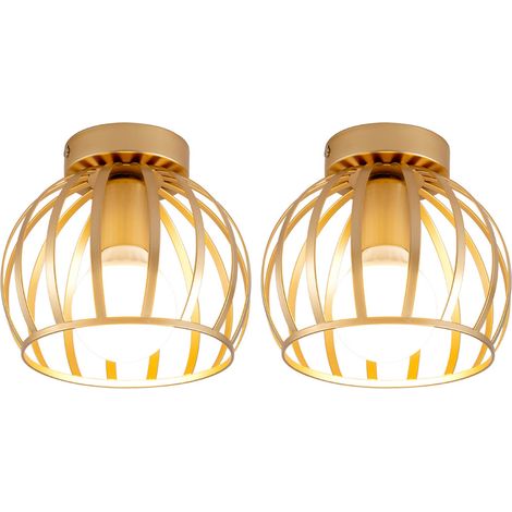 (2X) Lampara Techo Retro Plafones De Jaula De Metal Lámpara De Techo Redonda E27 Para Habitación Café Restaurante 20CM, Oro