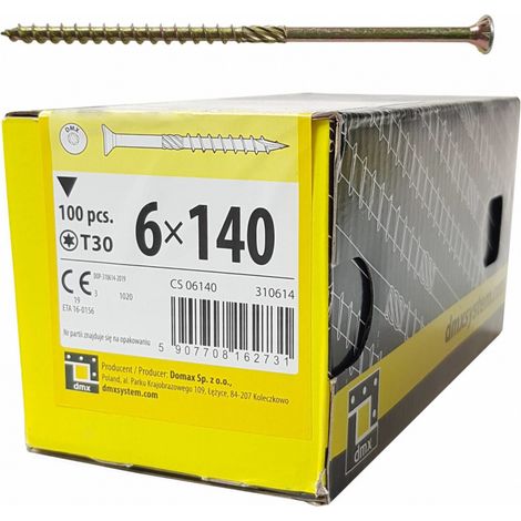 Vis à bois 6x140 mm - Torx - 100 pièces - Résistant et durable - Idéal pour la menuiserie