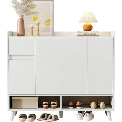 Schuhschrank 90x35x99 cm weiß natur, schmaler Flurschrank mit verstellbaren Einlegeböden, Schublade, Push to Open, Holzbeinen