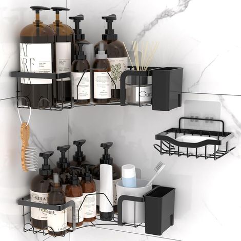 Étagère de Douche d'Angle Sans Percage 3 Pcs, Organisateur de Salle de Bain Adhésif en Acier Inoxydable Antirouille, Porte-Shampoing avce Etagere Salle de Bain Accessoire, Noir (1/5)