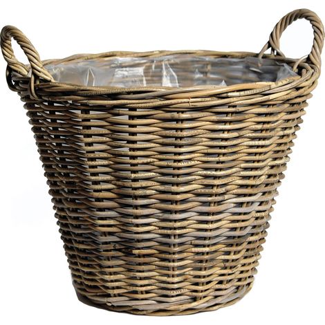 Rattan Pflanzkorb natur mit Henkeln - 34 cm - Weide Blumenkorb mit Folie - Garten Deko Flechtkorb Gartenkorb Weidenkorb Übertopf geflochten