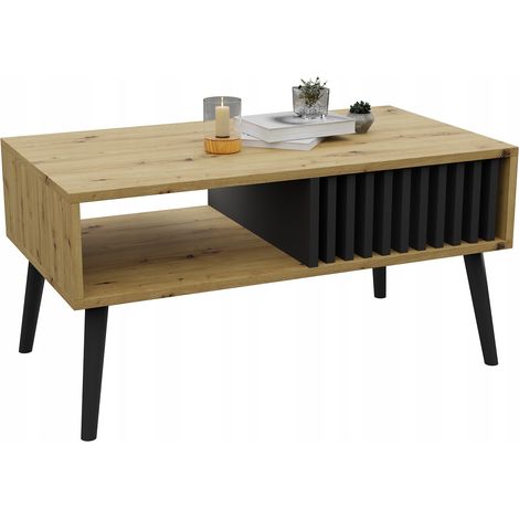 Mesa de centro escandinava, mesa de loft Lamella Artisan/Black con estante. (1/5)