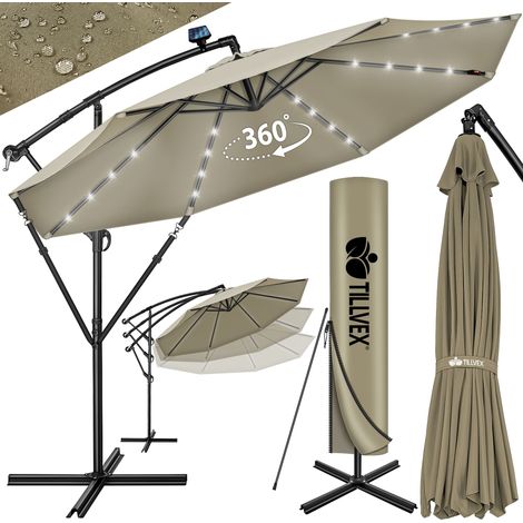 tillvex 300 cm Sombrilla Excentrico Marrón con 32 Luces LED Solar  Parasol para Terraza Jardín Balcón Patio  con Manivela y Base en Cruz, Giratorio 360º, Protección UV (1/5)