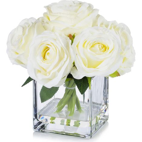 7 Grandes tiges de Roses artificielles en Soie dans Un Vase Cube en Verre avec Eau synthétique pour décoration de Maison, Bureau, Mariage (crème) (1/5)