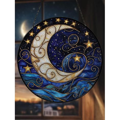 Attrape-soleil lune et étoile en vitrail, ornement ciel nocturne céleste, décoration maison spirituelle - 9cm (1/5)
