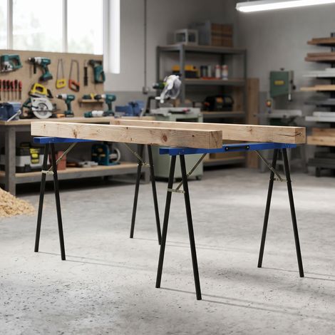 Lot de 2 trépieds de travail pliables bleu‑noir, surface EVA antidérapante spécial sciage et bricolage (1/5)