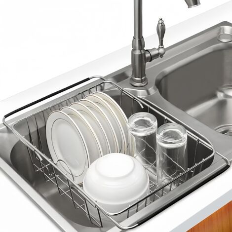 BUNTHAUS Égouttoir à vaisselle extensible, acier inoxydable antirouille sur le panier de l'évier, égouttoir à vaisselle en métal en acier inoxydable 304 dans l'évier ou le comptoir