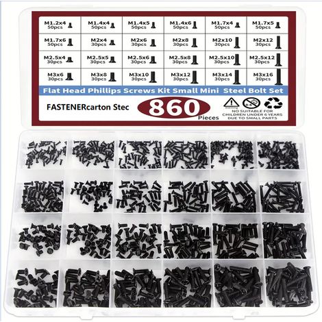 860-teiliges Set schwarzer Miniatur-Schrauben für Laptops, Bürogeräte, Bildschirme und Tablets – Reparaturschrauben in den Größen M1,2, M1,4, M1,6, M1,7, M1,8, M2, M2,3, M2,5 und M3 (1/3)