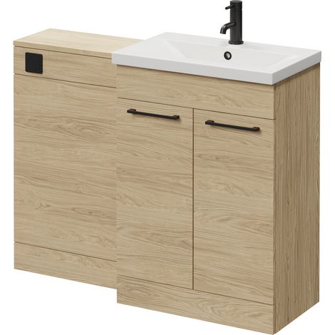 Napoli 390 Light Oak 1100mm 2 Door Vanity Unit Toilet Suite with Glide Basin - 1100mm - Matt Black 160mm HandleWithout Kingston Toilet Pan