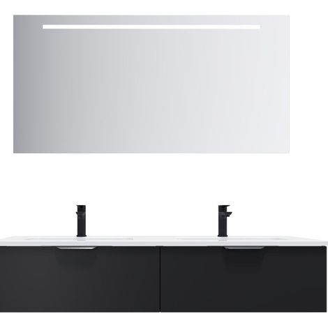 Meuble de salle de bain suspendu double vasque intégrée 140cm 2 tiroirs Noir + miroir - Soho (1/5)