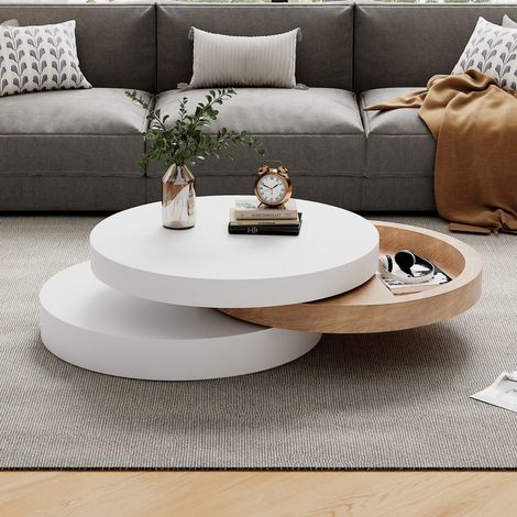 Table basse à 3 niveaux cylindrique pivotante 360° 60×60×35,1 cm, bois d'osier avec espace rangement, charge 30 kg, blanc et naturel (1/5)