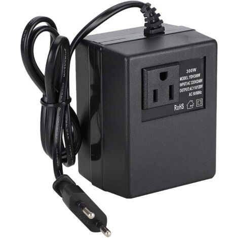 300-W-Wechselstrom-Spannungswandler (220 V auf 110 V) – EU-Steckeradapter für 50-Hz-/60-Hz-Geräte – Schwarzer Kunststoff – 95 x 75 x 62 mm