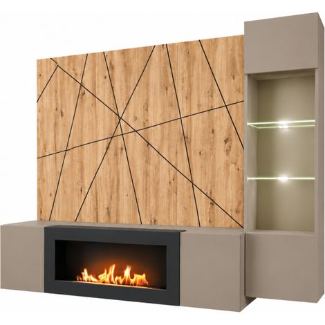 Ensemble meuble TV Xari G-K avec cheminée bioéthanol et vitrine LED - Bois MDF gris argile et chêne artisan - 200 x 158 x 40 cm - Livraison gratuite (1/3)
