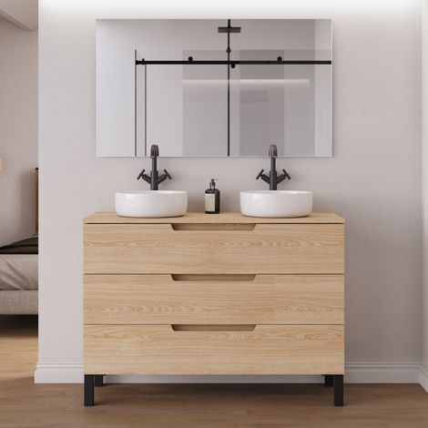 Meuble de salle de bain 120cm avec plateau et 2 vasques à poser rondes - 3 tiroirs - roble era (chêne clair) - RIZA (1/5)