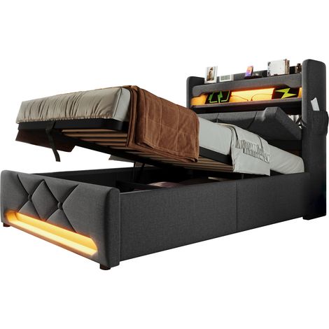 Lit Coffre 1 Place avec LED 360, USB, Type-C et Rangement, Couchage 90 x 200 cm, Sans Matelas, Gris (1/5)