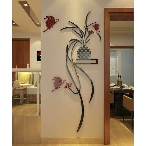 3D Plantes en Pot Peintures Murales pour Salon Chambre Canapé Fond TV Mur Fond Originalité DIY Cadeau Autocollants Décoration Murale Décoration Murale (Rouge, Grand) (1/4)