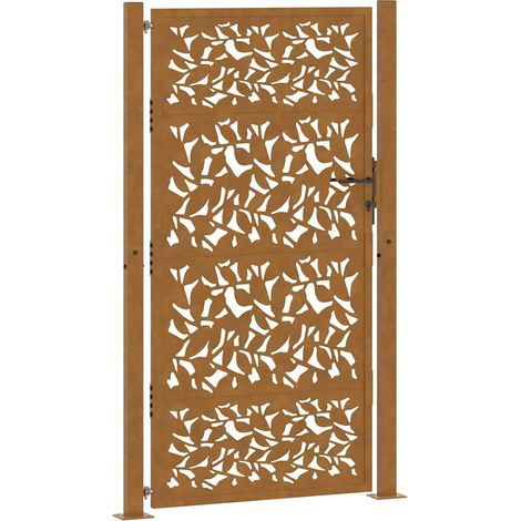 Portail de jardin 100x175 cm en acier patiné avec motif feuille (1/5)