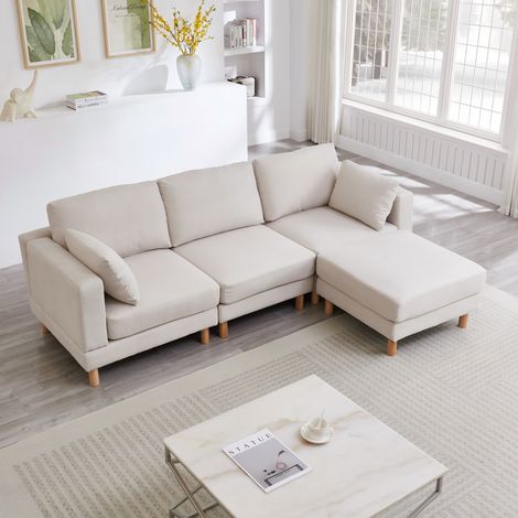 Canapé d’angle 3 places réversible,polyester beige, pieds en bois,Style scandinave, Dimensions 235x152x78 cm (1/5)