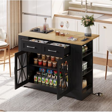 Kücheninsel 120x40x92 cm schwarz/natur in MDF mit Klapptisch, Steckdosen, USB, Glastüren und Rollen (1/5)