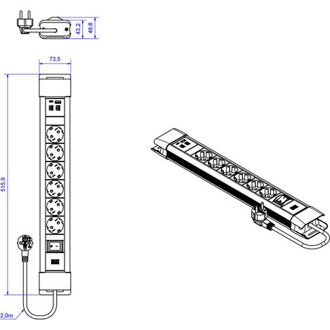 BACHMANN CONNECTUS 6xCEE7/3 1xSchalter 1xUSB A/C 22W 2,0m CEE7/7 Grau, BM005920