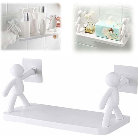 Étagère Cuisine Toilettes, Support Rangement Mural Adhésif non percé, pratique salle bain cuisine, décoration savon, bouteilles bain, bougies, Support Plantes Blanc 33x13.5x14.5cm (1/5)