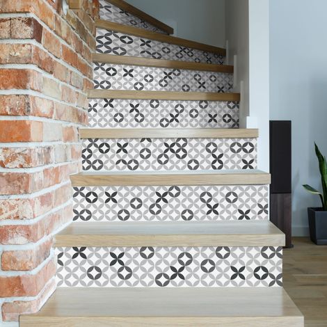 Lot de 3 Contremarches Adhésives Autocollantes Ceramique Géométrique 19,5 cm x 100 cm, Ronde et Losanges. (1/4)