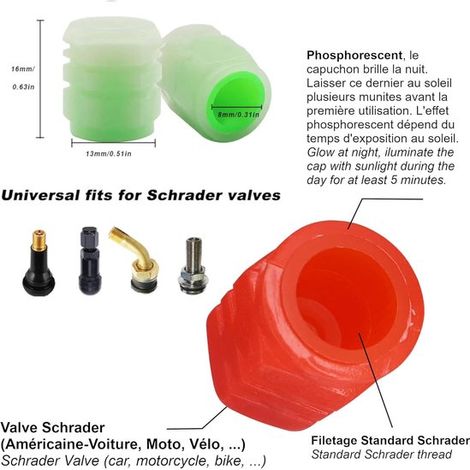 10 tapones de válvula fosforescentes que brillan en la oscuridad，aptos para válvulas Schrader en neumáticos de bicicleta，color verde fluorescente