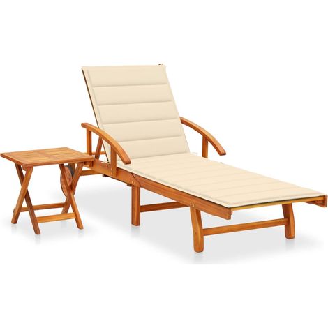 Chaise longue de jardin avec table et coussin, Transat, Bain de soleil, Chaise de jardin Bois d'acacia ZSE7932 (1/5)