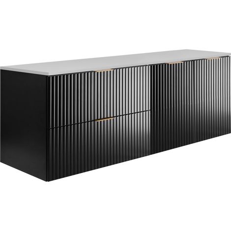 Set da bagno: mobile con cassetti e mobile con ante 57×46×160 cm, colore: nero / bianco, maniglia oro (1/5)