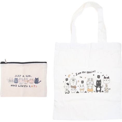 Trousse de maquillage et sac en tissu imprimé chat en lin résistant avec fermeture éclair argentée, pour voyage et usage quotidien (1/5)