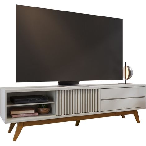 Meuble TV 75 Pouces Blanc Pieds Bois 1 Porte 2 Tiroirs 3 Niches L 200 H 55.2 P 37.7 cm (1/5)