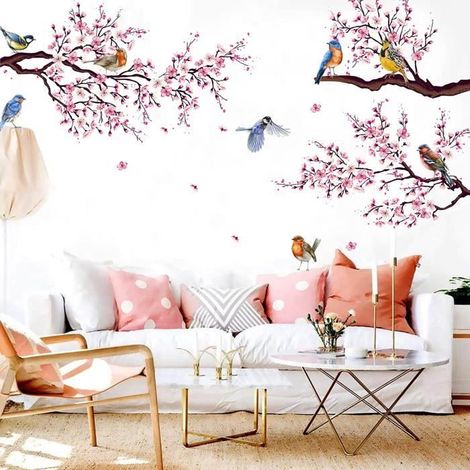 Stickers muraux FLEURS DE Pêcher & OISEAUX,autocollant sticker mural arbre branche plantes pour salon couloir chambre d'enfant Déco (1/4)