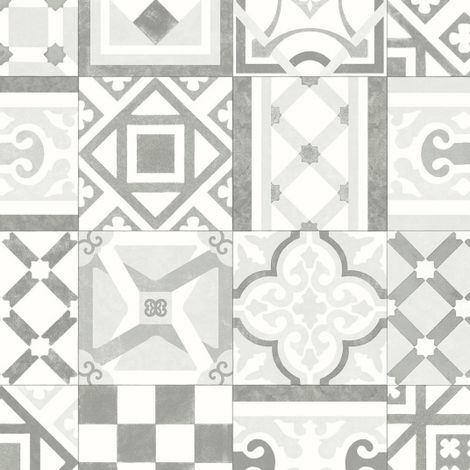 Sol Lino Eco - Carreaux de ciment effet vieilli gris et blanc - Rouleau de 3m x 2m