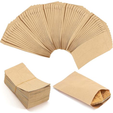 QAZQA Lot de 100 petits sachets plats marron - Mini sacs en papier kraft pour cadeaux d'invités, bijoux, bonbons, cartes de Noël, pièces de monnaie (9 x 13 cm