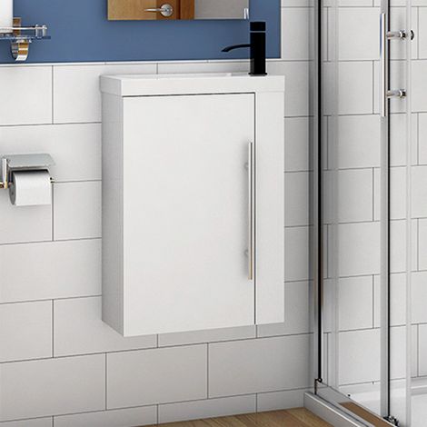 Cloakroom Bathroom Sink Vanity Unit Wall Hung Compact White Basin Door Unit 440