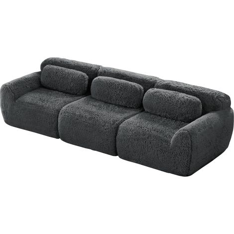 Divano profondo 3 posti grigio in tessuto peluche, modulare, senza montaggio, con cuscini (1/5)